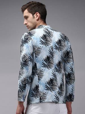 men's mandarin collar blue printed blazer 4