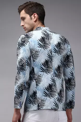 men's mandarin collar blue printed blazer