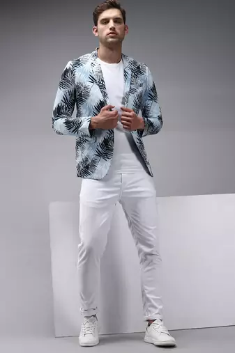 men's mandarin collar blue printed blazer