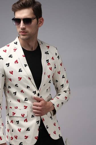 SHOWOFF Men's Mandarin Collar Cream Printed Blazer