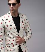 SHOWOFF Men's Mandarin Collar Cream Printed Blazer