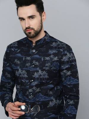 SHOWOFF Men's Mandarin Collar Navy Blue Printed Blazer 1