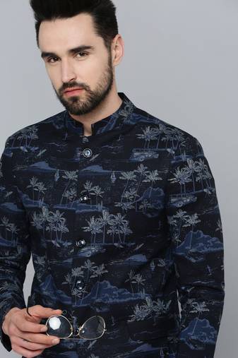 SHOWOFF Men's Mandarin Collar Navy Blue Printed Blazer