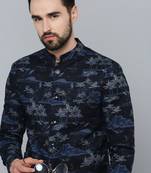 SHOWOFF Men's Mandarin Collar Navy Blue Printed Blazer