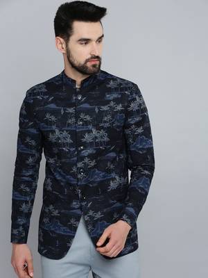 SHOWOFF Men's Mandarin Collar Navy Blue Printed Blazer 2