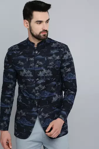 SHOWOFF Men's Mandarin Collar Navy Blue Printed Blazer