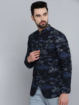 SHOWOFF Men's Mandarin Collar Navy Blue Printed Blazer 3