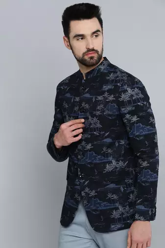 SHOWOFF Men's Mandarin Collar Navy Blue Printed Blazer