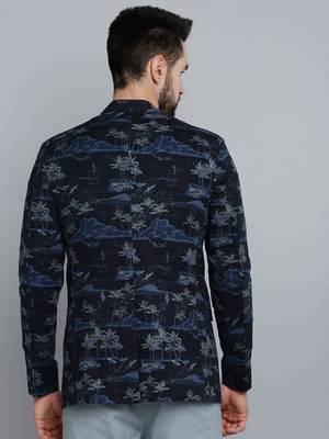 SHOWOFF Men's Mandarin Collar Navy Blue Printed Blazer 4