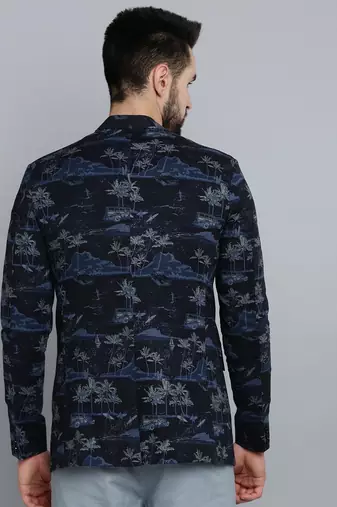 SHOWOFF Men's Mandarin Collar Navy Blue Printed Blazer