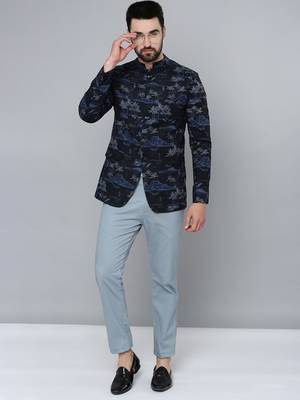 SHOWOFF Men's Mandarin Collar Navy Blue Printed Blazer 5