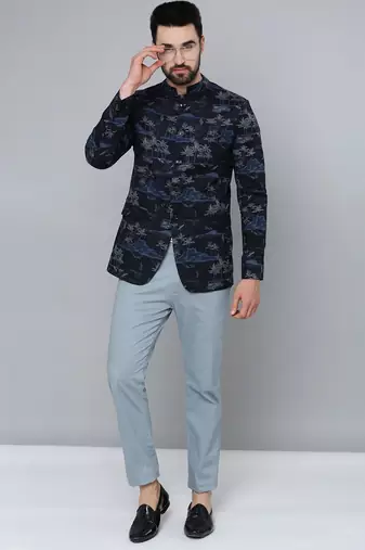 SHOWOFF Men's Mandarin Collar Navy Blue Printed Blazer