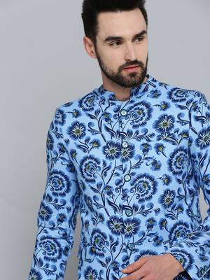 Men's Mandarin Collar Blue Printed Blazer 1