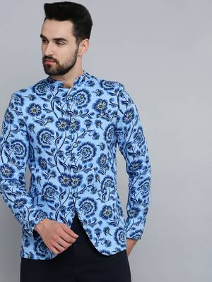 Men's Mandarin Collar Blue Printed Blazer 2