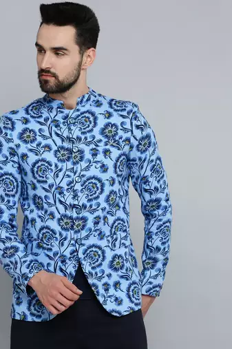 Men's Mandarin Collar Blue Printed Blazer