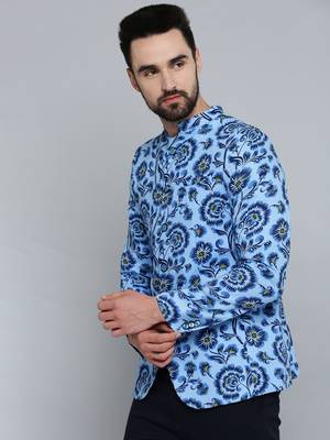 Men's Mandarin Collar Blue Printed Blazer 3