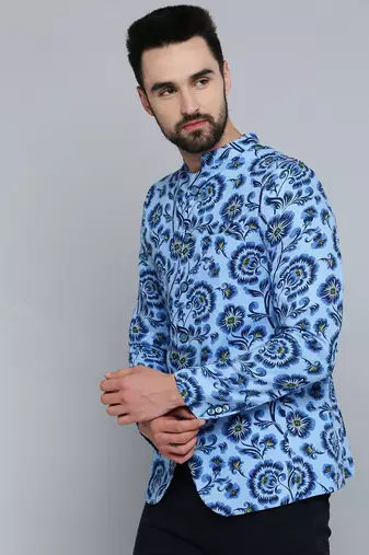 Men's Mandarin Collar Blue Printed Blazer