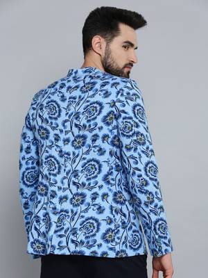 Men's Mandarin Collar Blue Printed Blazer 4