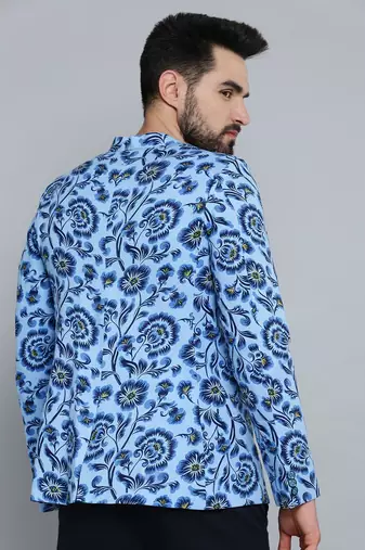 Men's Mandarin Collar Blue Printed Blazer