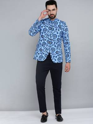 Men's Mandarin Collar Blue Printed Blazer 5