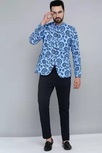 Men's Mandarin Collar Blue Printed Blazer