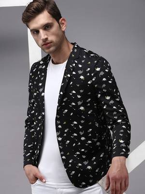 Men's Mandarin Collar Black Printed Blazer 1