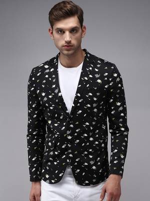 Men's Mandarin Collar Black Printed Blazer 2