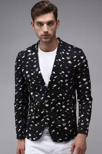 Men's Mandarin Collar Black Printed Blazer