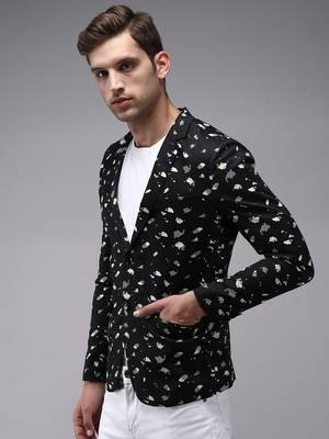 Men's Mandarin Collar Black Printed Blazer 3