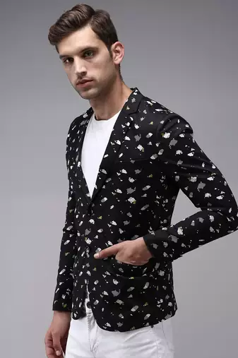 Men's Mandarin Collar Black Printed Blazer
