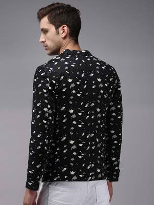 Men's Mandarin Collar Black Printed Blazer 4