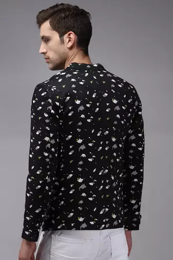 Men's Mandarin Collar Black Printed Blazer