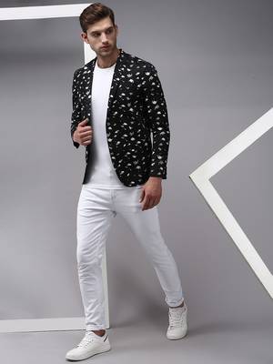 Men's Mandarin Collar Black Printed Blazer 5