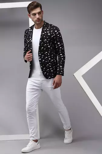 Men's Mandarin Collar Black Printed Blazer