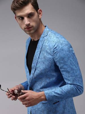 SHOWOFF Men's Mandarin Collar Blue Printed Blazer 1