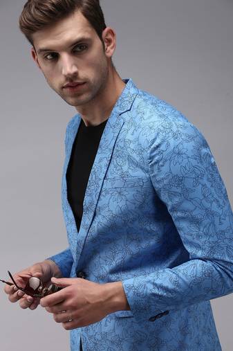 SHOWOFF Men's Mandarin Collar Blue Printed Blazer