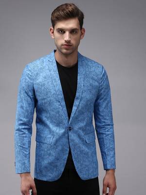 SHOWOFF Men's Mandarin Collar Blue Printed Blazer 2