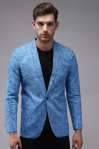 SHOWOFF Men's Mandarin Collar Blue Printed Blazer