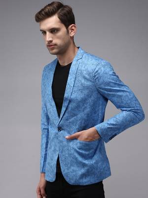 SHOWOFF Men's Mandarin Collar Blue Printed Blazer 3