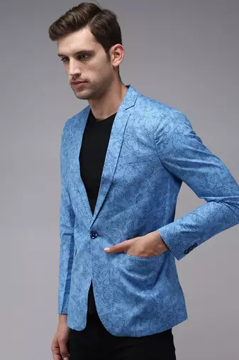 SHOWOFF Men's Mandarin Collar Blue Printed Blazer