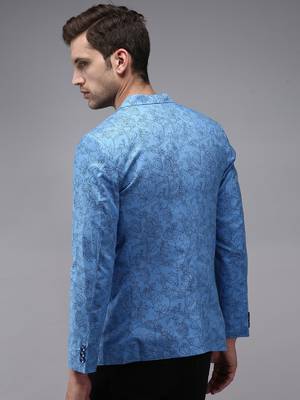 SHOWOFF Men's Mandarin Collar Blue Printed Blazer 4