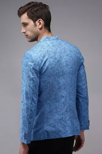 SHOWOFF Men's Mandarin Collar Blue Printed Blazer