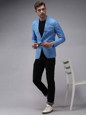 SHOWOFF Men's Mandarin Collar Blue Printed Blazer 5