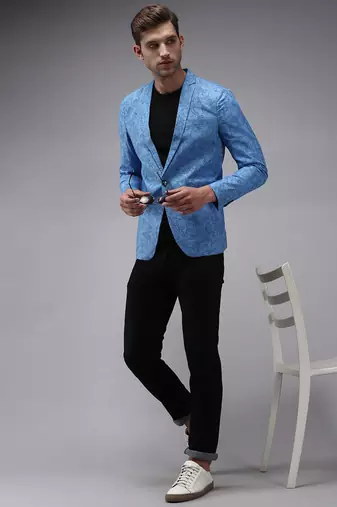 SHOWOFF Men's Mandarin Collar Blue Printed Blazer