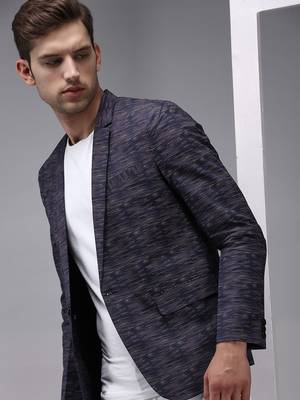 SHOWOFF Men's Mandarin Collar Navy Blue Printed Blazer 1