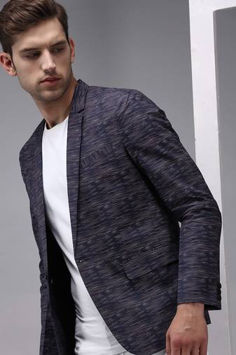 SHOWOFF Men's Mandarin Collar Navy Blue Printed Blazer