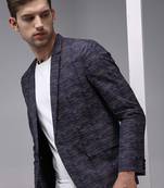 SHOWOFF Men's Mandarin Collar Navy Blue Printed Blazer