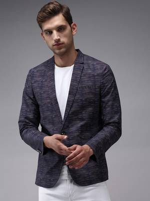 SHOWOFF Men's Mandarin Collar Navy Blue Printed Blazer 2