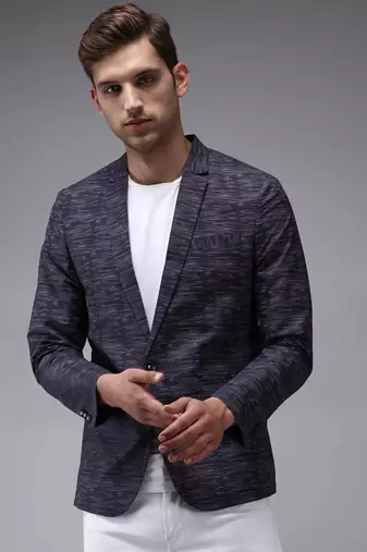 SHOWOFF Men's Mandarin Collar Navy Blue Printed Blazer