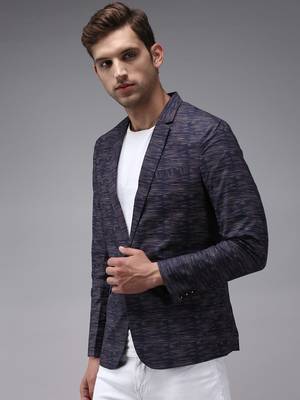 SHOWOFF Men's Mandarin Collar Navy Blue Printed Blazer 3